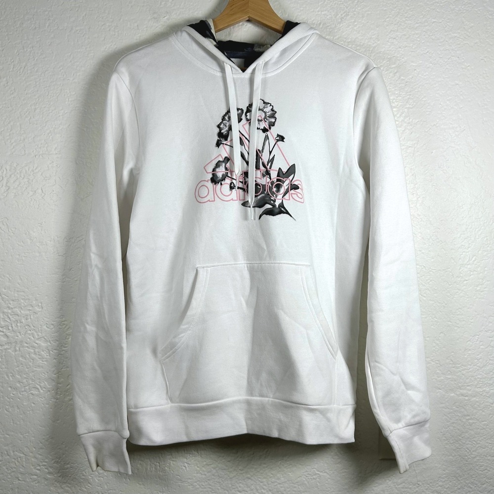 Adidas White Hoodie Floral Graphic Logo Pullover Sweatshirt Size S